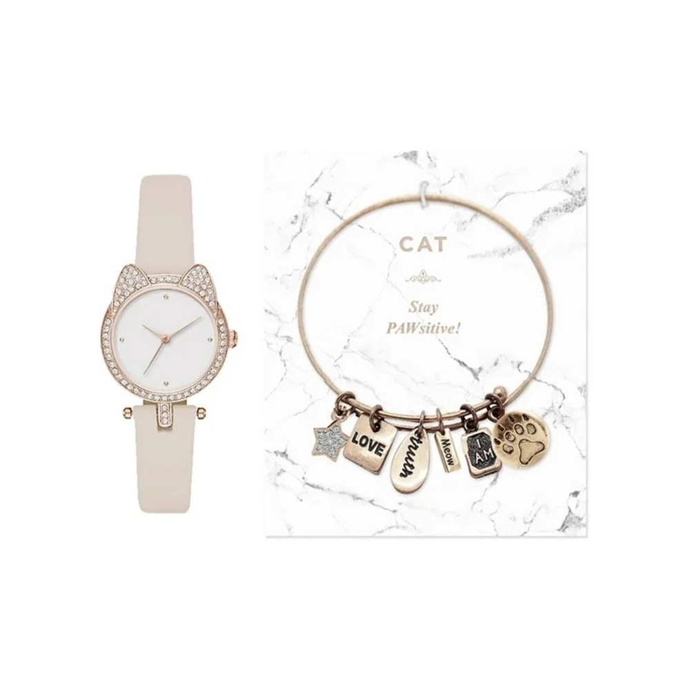 Jessica Carlyle Women's Black Strap Analog Watch with Cat Charm Bracelet